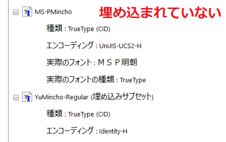 フォントが埋め込まれていないときのプロパティフォント表示