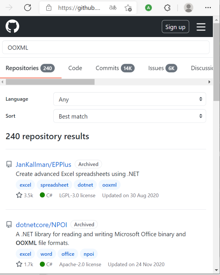 GitHubで「OOXML」を検索した結果