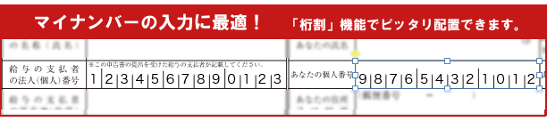 マイナンバーに最適！「桁割」機能でピッタリ配置。