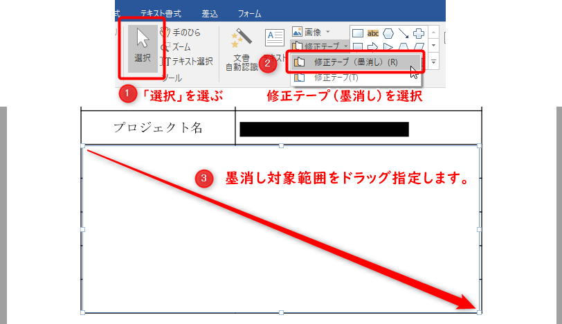 範囲を選択して墨消しを設定