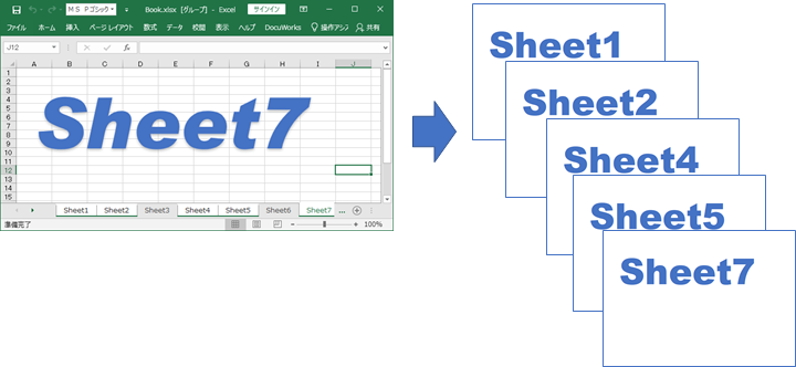 Sheet1、Sheet2、Sheet4、Sheet5、Sheet7を選択して保存したExcelを出力した例
