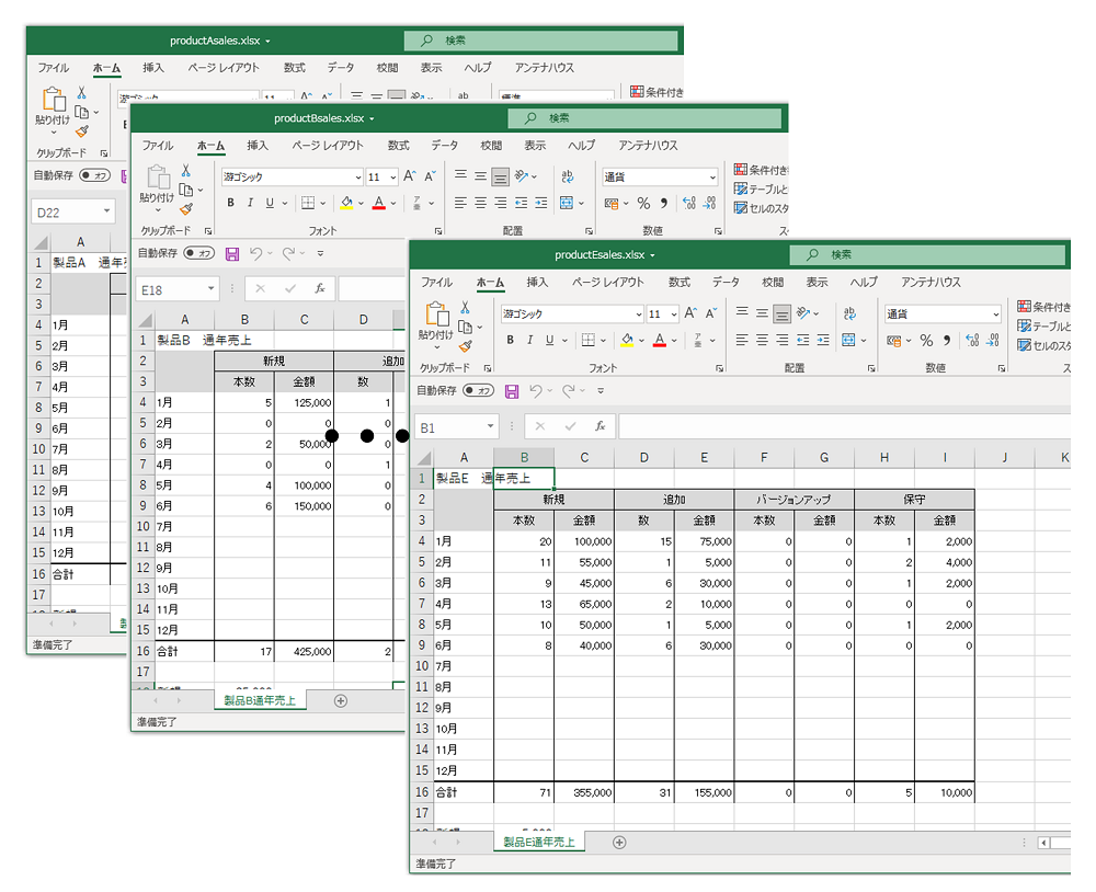 結合させるデータ5ファイル(productAsales.xlsx~productEsales.xlsx)